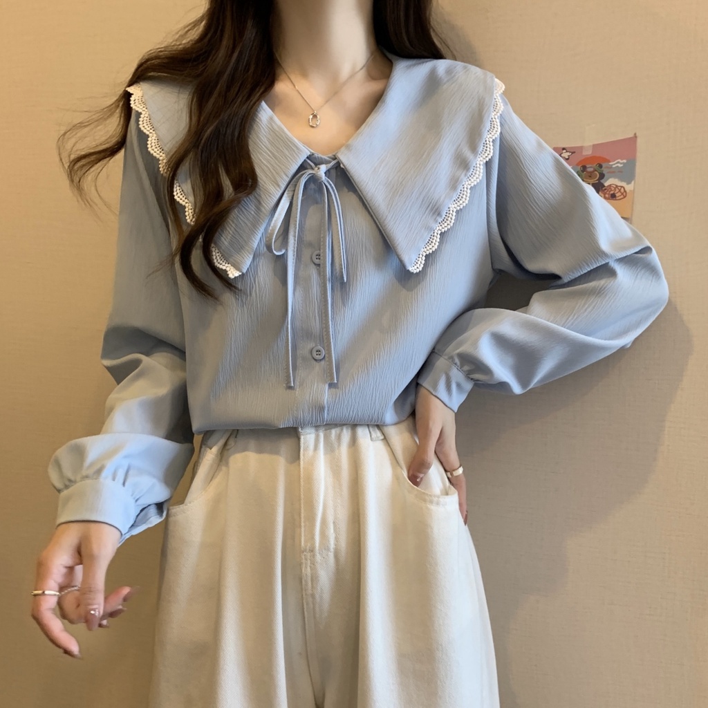 Áo Sơ Mi Tay Dài Màu Sắc Trơn Có Dây Cột Phong Cách Pháp Thời Trang Xuân Hè Cho Nữ