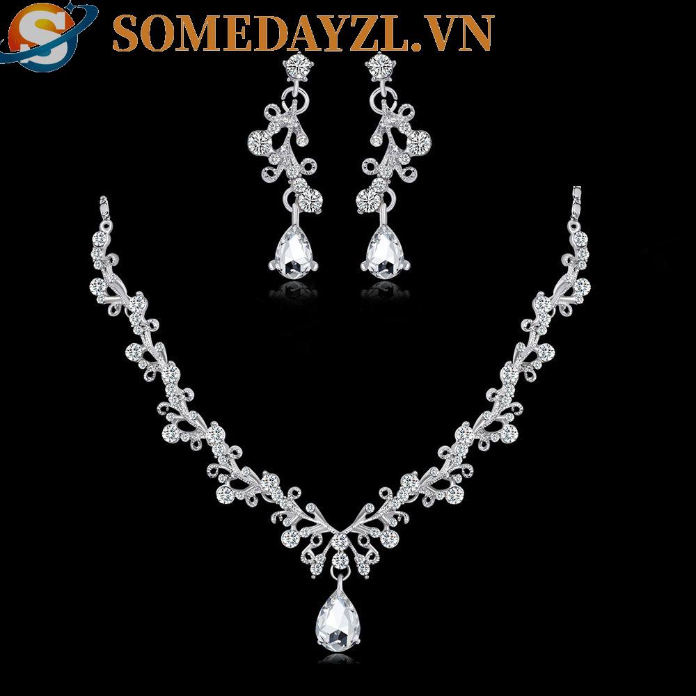 Bộ Trang Sức Cô Dâu Hình Giọt Nước Đính Đá Sang Trọng