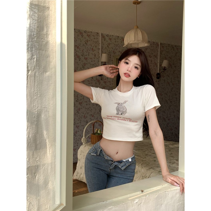Áo Baby Tee Thun Croptop Nữ Ngắn Tay In Hình Thỏ Phong Cách Mới