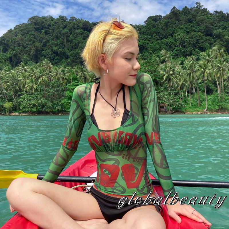 Áo Croptop Lưới Tay Dài In Chữ Nhìn Xuyên Thấu Phong Cách Đường Phố Cho Nữ