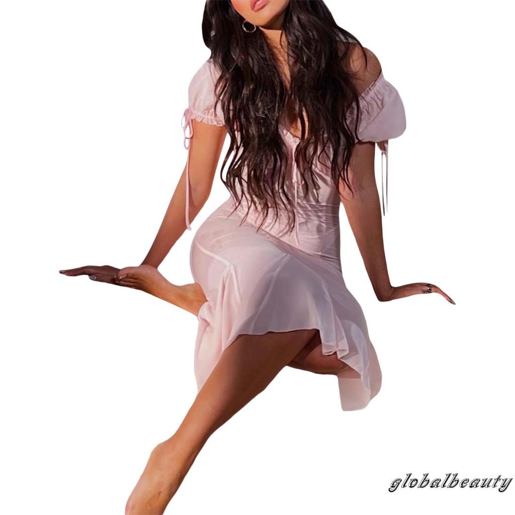 Đầm Midi Phối Lưới Màu Trơn Thiết Kế Tay Phồng Hở Lưng Quyến Rũ Cho Nữ