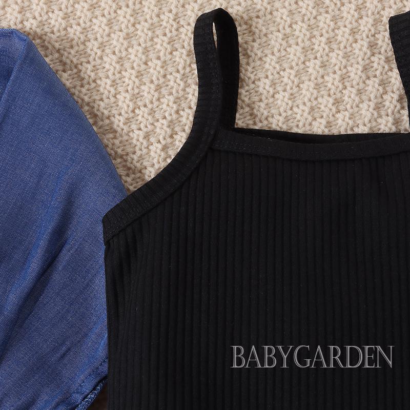 Set Đồ 2 Món Gồm Áo Liền Quần + Áo Sơ Mi Đan Len Không Tay Màu Trơn Kèm Thắt Lưng Dành Cho Bé Gái / 4-7 Tuổi