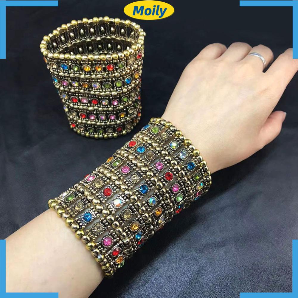 MOILYVN Vòng Tay Dây Bện Co Giãn Bản Rộng Đính Hạt Pha Lê Phong Cách Punk Cổ Điển