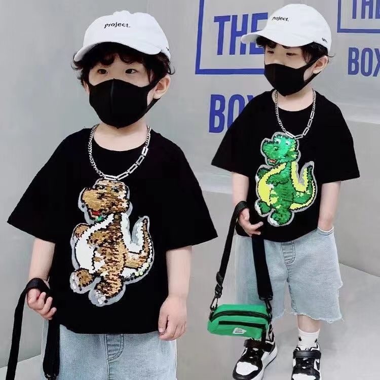 Áo Thun Thêu Họa Tiết Hoạt Hình Đính Kim Sa Thấm Hút Mồ Hôi Cho Bé Trai