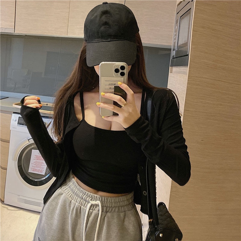 COZOK Bộ Áo Khoác cardigan Dài Tay Ôm Dáng + Áo Hai Dây Gợi Cảm Theo Phong Cách Hàn Quốc