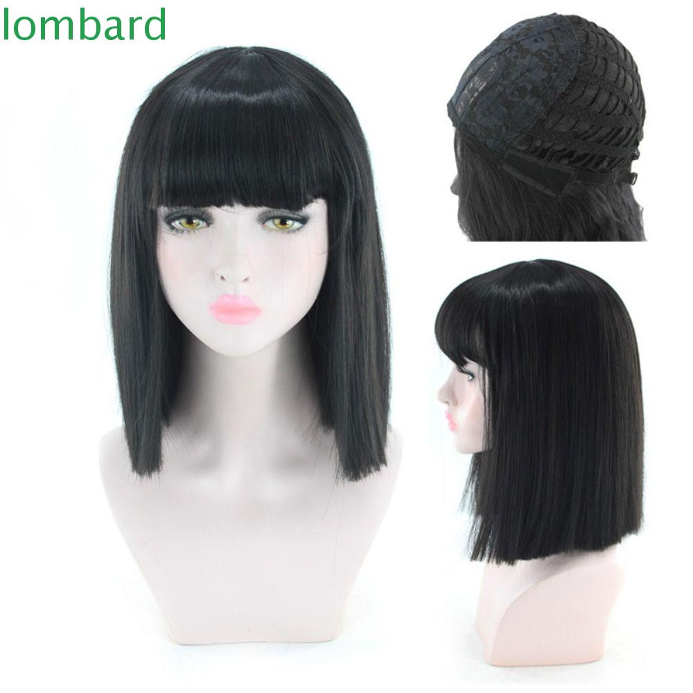 LOMBARD Bộ Tóc Giả Kiểu Bob Thẳng Mềm Mại Màu Trắng Đen Kèm Mái Bằng Sợi Tổng Hợp Dành Cho Nữ