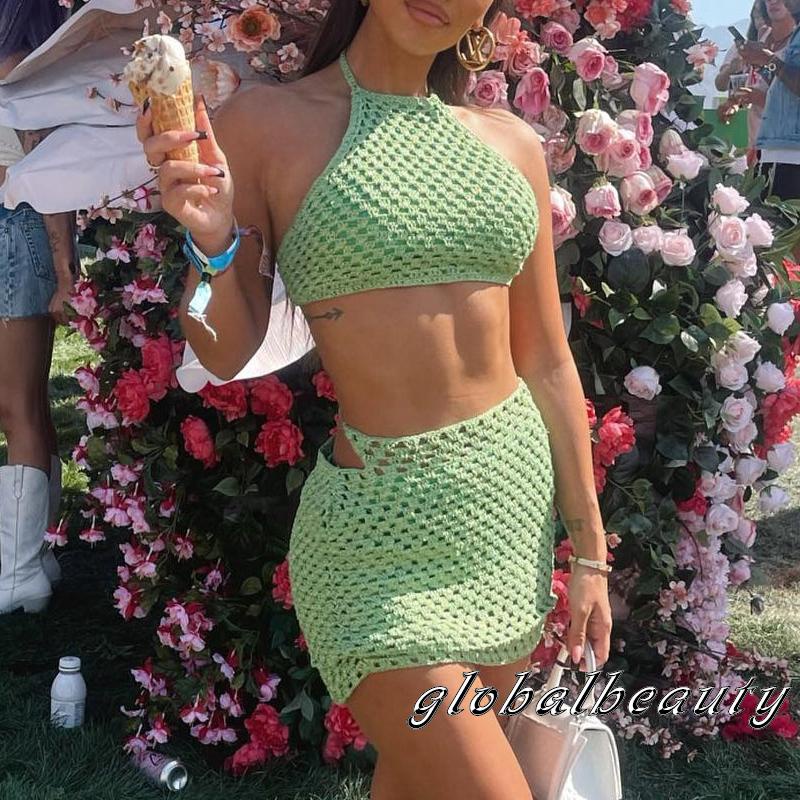 Bộ Áo Croptop Dệt Kim Không Tay Màu Trơn Buộc Dây Lưng Phối Chân Váy Mini Thời Trang Mùa Hè Cho Nữ