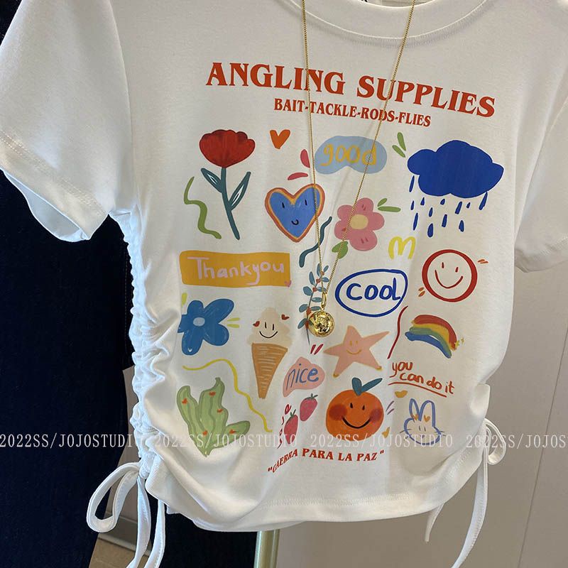 Áo Thun Tay Ngắn Phối Dây Rút In Họa Tiết Hoạt Hình Vui Nhộn Thời Trang Mùa Hè 2023 Cho Bé Gái