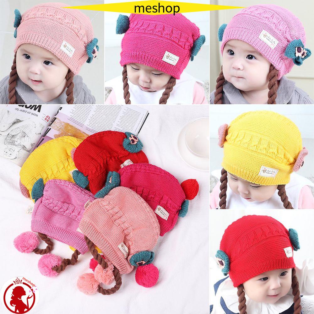 ME Mũ Len Đính Tóc Giả Thắt Bím Co Giãn Đáng Yêu Thời Trang Cho Bé Gái