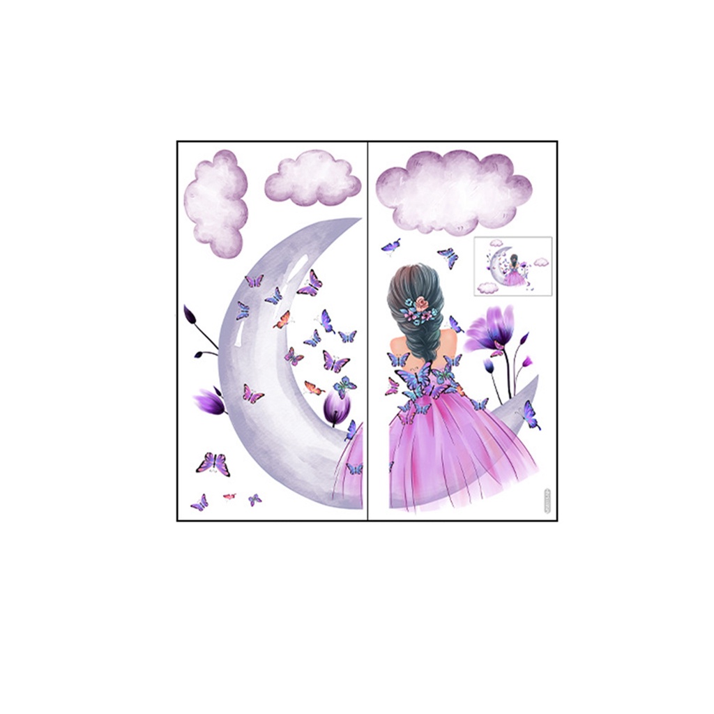 Set 2 Miếng Dán Tường Trang Trí Hình Cô Gái Và Bướm / Đám Mây / Mặt Trăng Tự Dính Tháo Rời Được