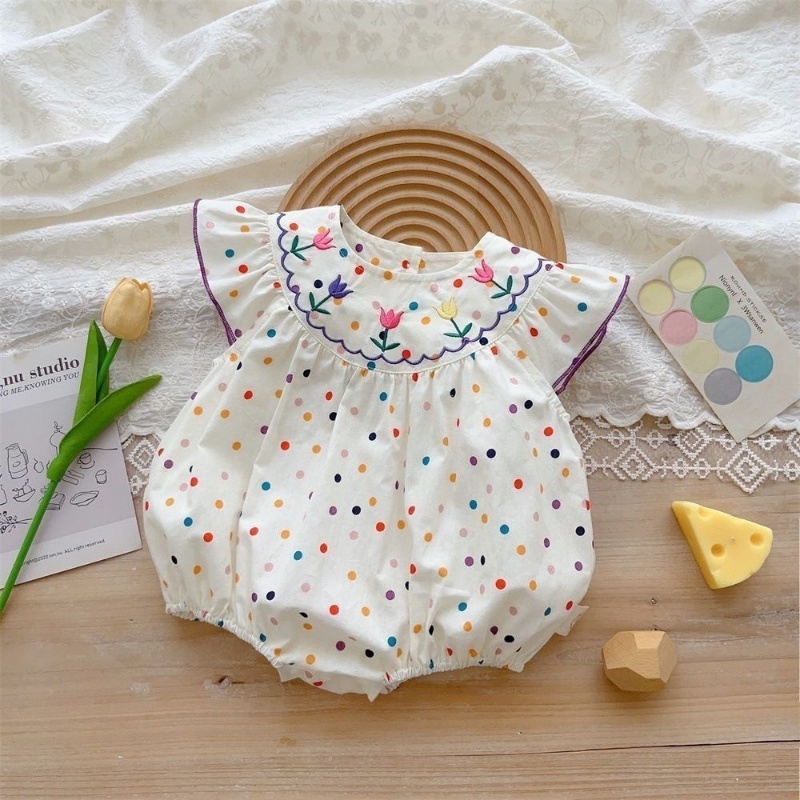 Bộ Áo Liền Quần Bằng Cotton Tay Ngắn In Hoa Chấm Bi Dễ Thương Thời Trang Mùa Hè Cho Bé Gái 0-2 Tuổi