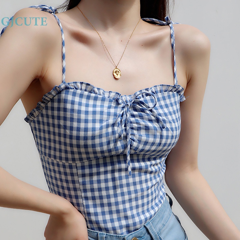 Áo Hai Dây Mỏng Mùa Hè Buộc Dây Họa Tiết Kẻ Sọc Cổ Điển Pháp Cho Nữ