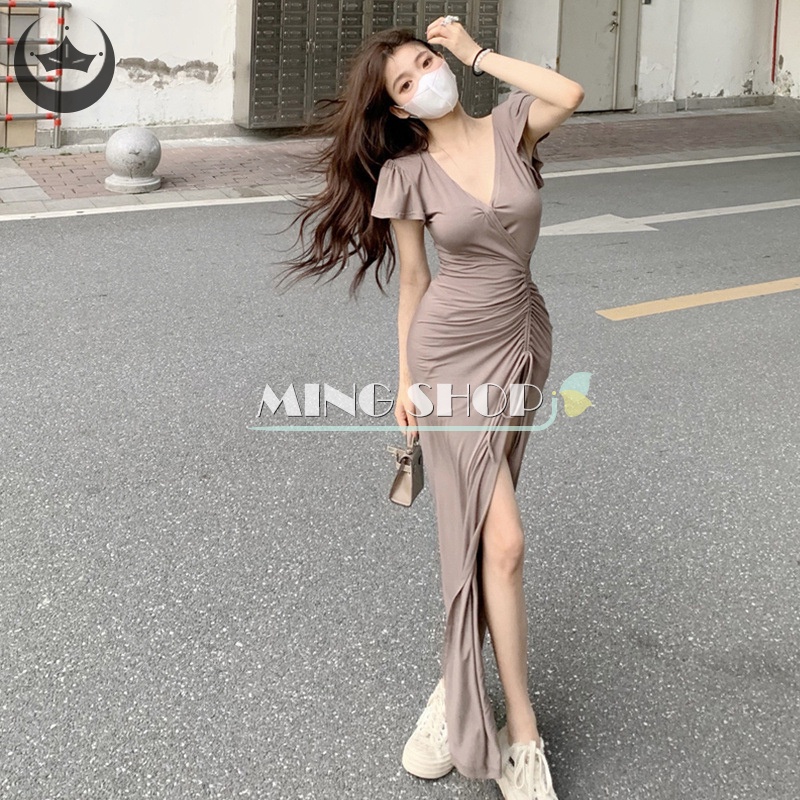 Đầm Dây Rút Cổ V Dáng Dài Xẻ Tà Thời Trang Mùa Hè Quyến Rũ Cho Nữ