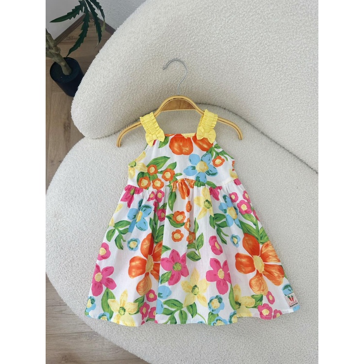 Váy Bé Gái CARROT Chun Vai Nơ Vàng, Họa Tiết Hoa Cam To, Chất Liệu Thô Cotton Thấm Hút Mồ Hôi Tốt
