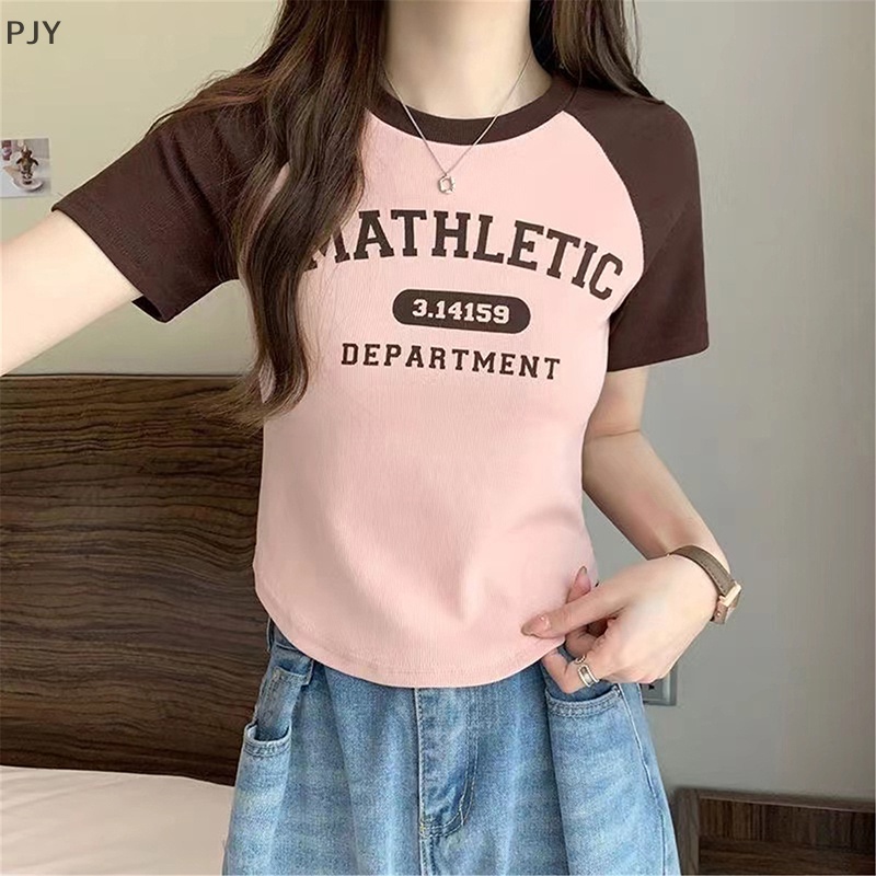 Áo Thun Tay Ngắn Cổ Tròn In Chữ Màu Sắc Tương Phản Thời Trang Mùa Hè Cho Nữ PJ