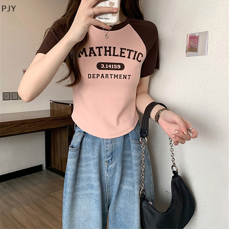 Áo Thun Tay Ngắn Cổ Tròn In Chữ Màu Sắc Tương Phản Thời Trang Mùa Hè Cho Nữ PJ