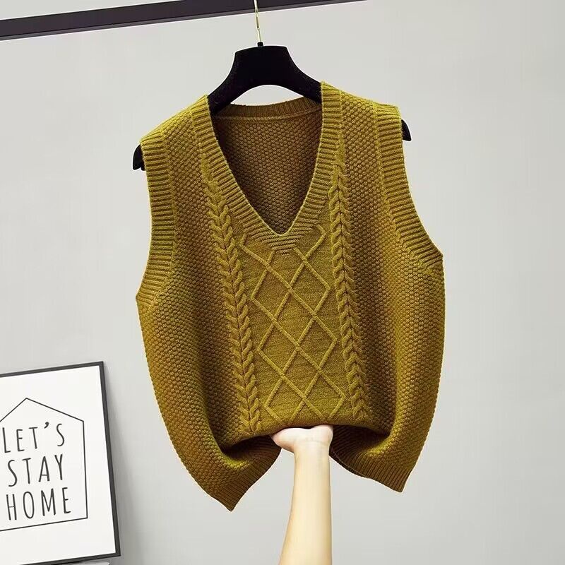 Áo Sweater Dệt Kim Sát Nách Dáng Rộng Cổ Chữ v Màu Trơn Kiểu Retro Cho Nữ