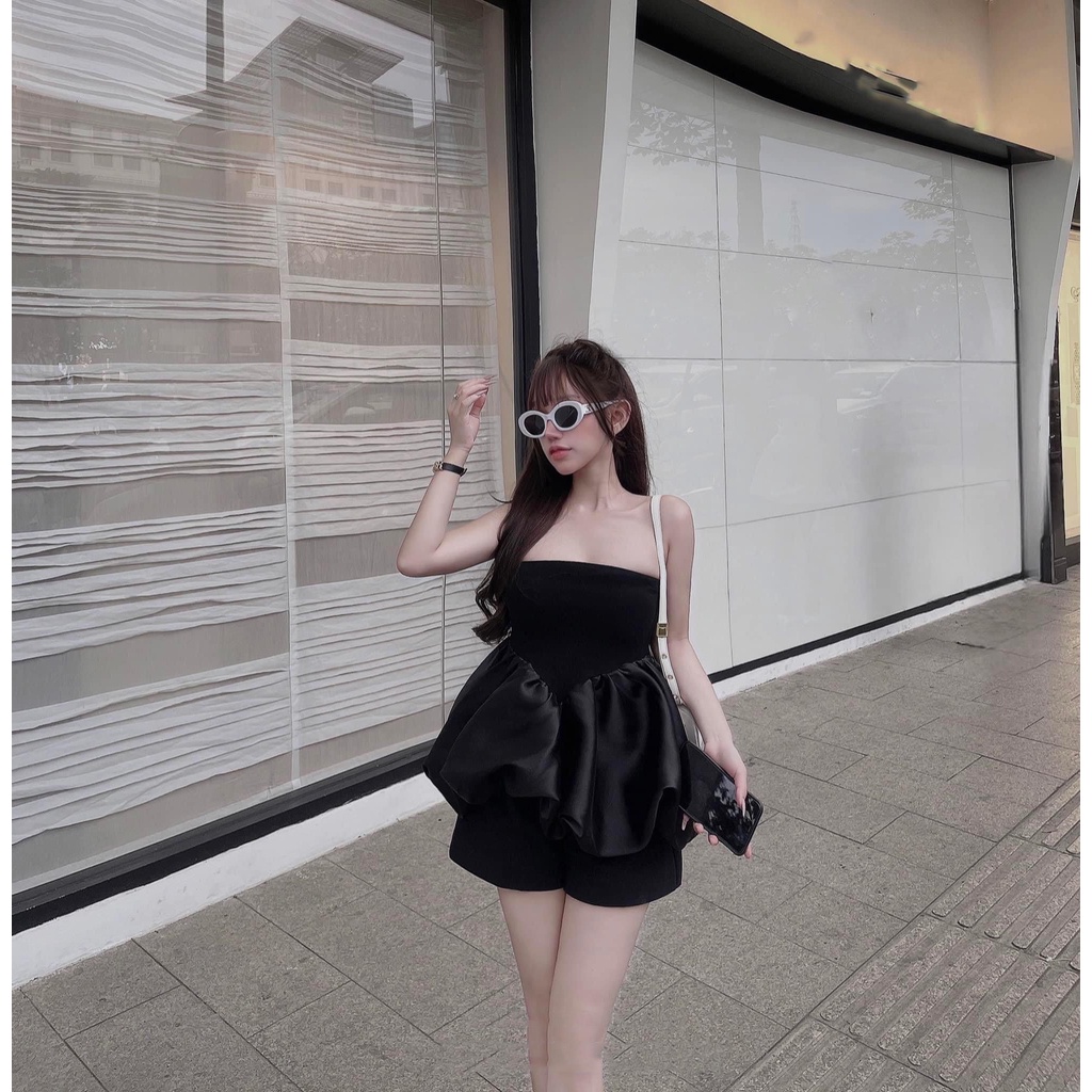 M565 - Sét áo quây cúp ngực bèo tafta dáng xòe phối quần short đen
