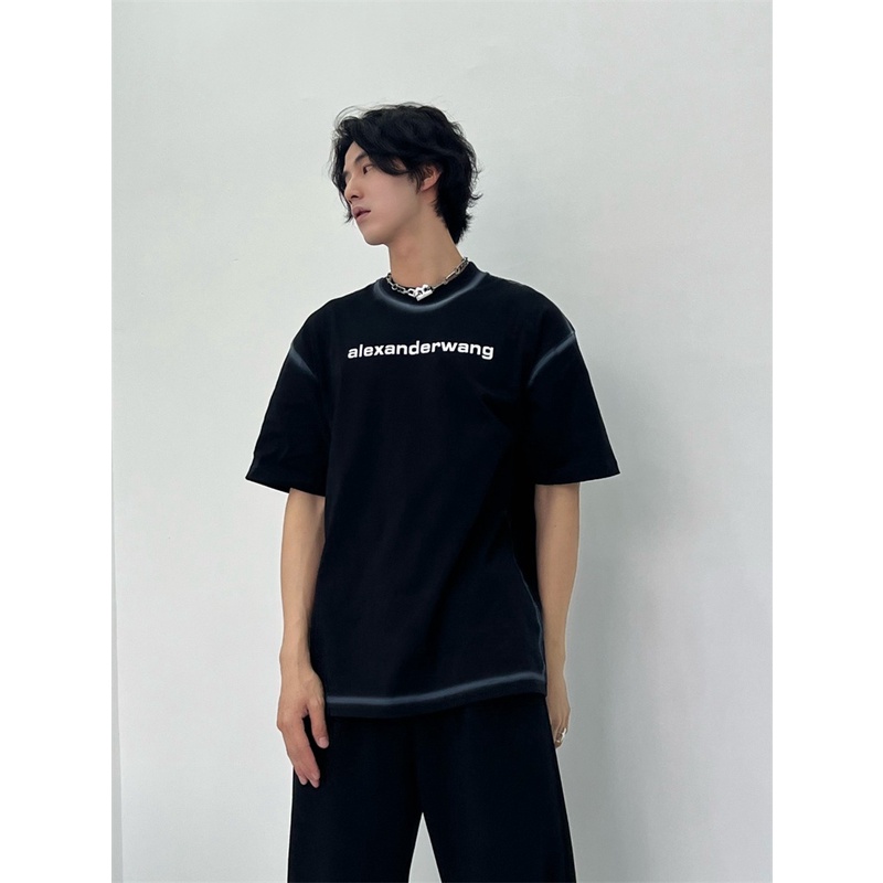 Ale-xander-wang - Vải Gạc In Màu Thuần Khiết Thủ Công Mới Nhất Áo Thun Tay Ngắn In Chữ Trước Ngực Thời Trang Cho Nam Và Nữ
