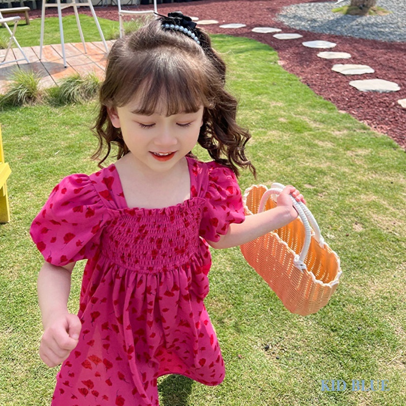 Đầm Tay Phồng Cổ Vuông Xếp Ly In Họa Tiết Thời Trang Mùa Hè Hàn Quốc Cho Nữ