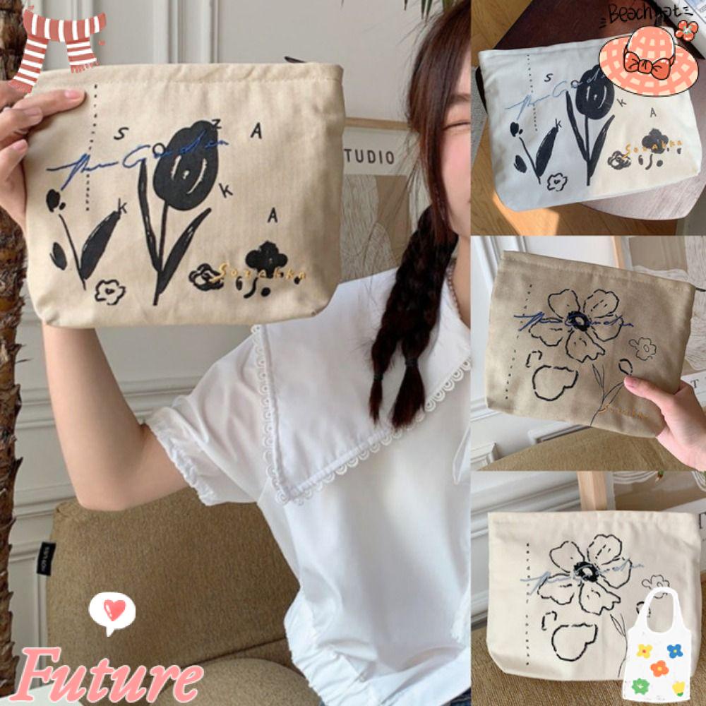 FUTURE Túi Đựng Đồ Trang Điểm Bằng Cotton Có Khóa Kéo Họa Tiết Hoa Xinh Xắn