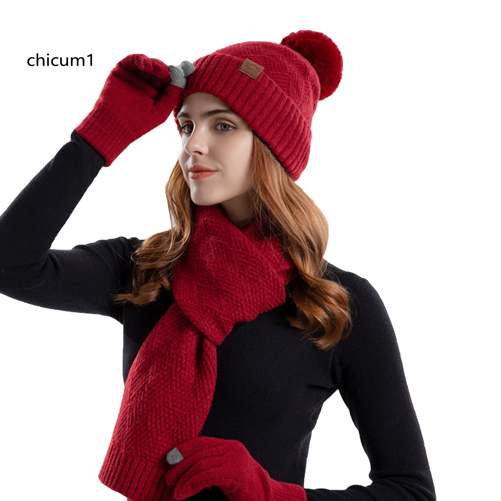 Cc 1 Set Mũ Khăn Quàng Cổ + Găng Tay + Găng Tay Lót Lông Giữ Ấm Mùa Đông Màu Trơn Thoải Mái Dành Cho Nữ