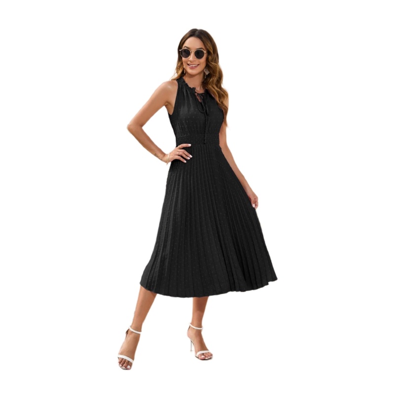 Đầm Midi Không Tay Cổ Tròn Nhún Bèo Màu Sắc Đơn Giản Thời Trang Cho Nữ