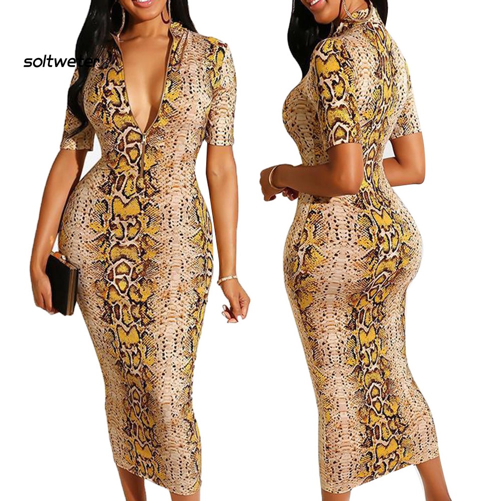 Đầm Midi Tay Ngắn / Dài Dáng Ôm In Họa Tiết Da Rắn Thời Trang Quyến Rũ Cho Nữ