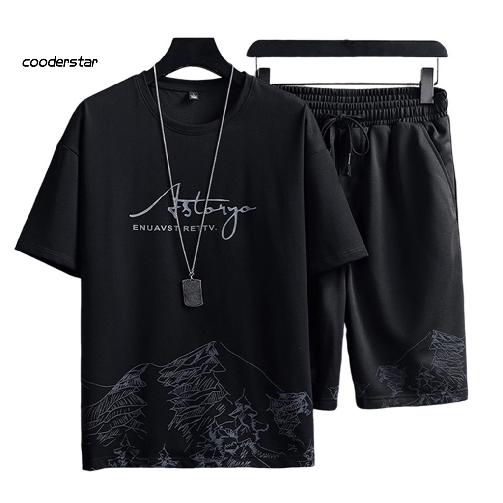 Set Đồ Thể Thao 2 Món Gồm Áo Thun Tay Ngắn Cổ Tròn + Quần Short Dáng Rộng Phối Dây Rút Co Giãn In Họa Tiết Núi