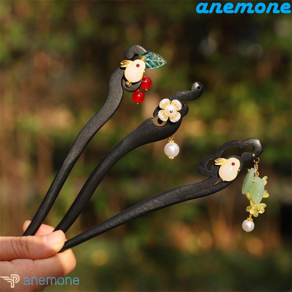 ANEMONE Trâm Cài Tóc Bằng Gỗ Phối Tua Rua Phong Cách Trung Hoa Cổ Điển