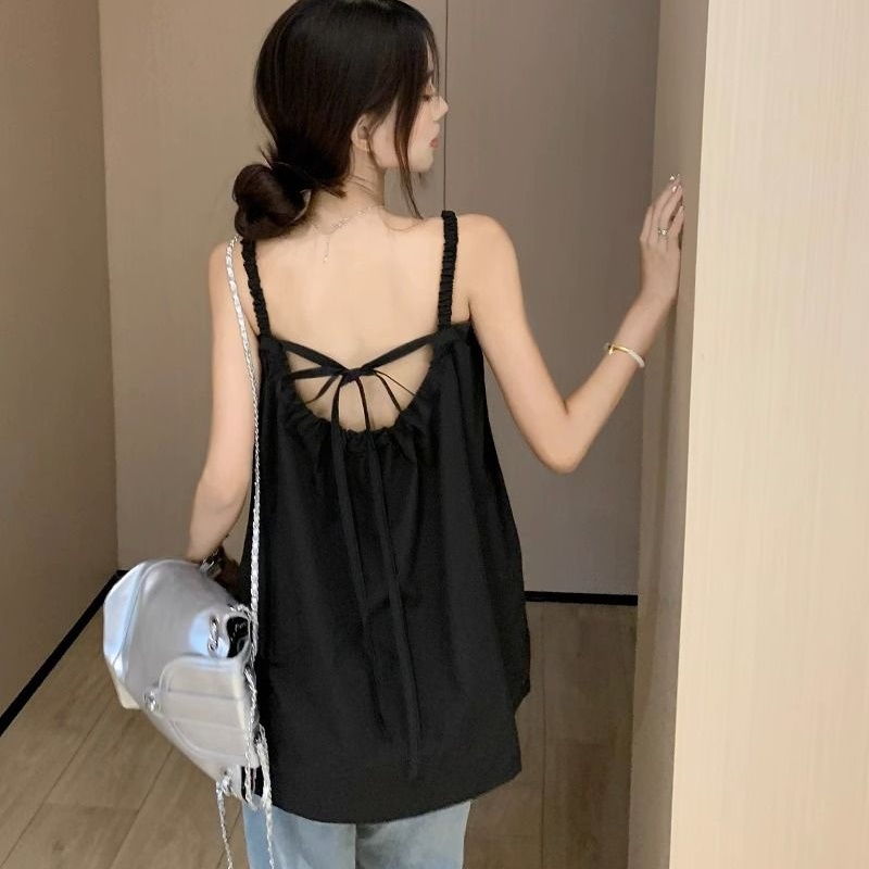 IELGY Áo Hai Dây Dáng Rộng Màu Đen Phong Cách Hàn Quốc Cho Nữ