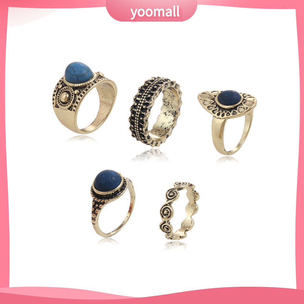 Bộ 5 Nhẫn Hợp Kim Đính Đá Xanh Phong Cách Bohemian Cổ Điển