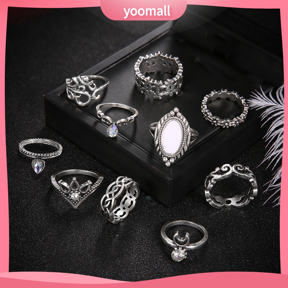 Set 10 Nhẫn Đốt Ngón Tay Đính Đá Opal Phong Cách Retro