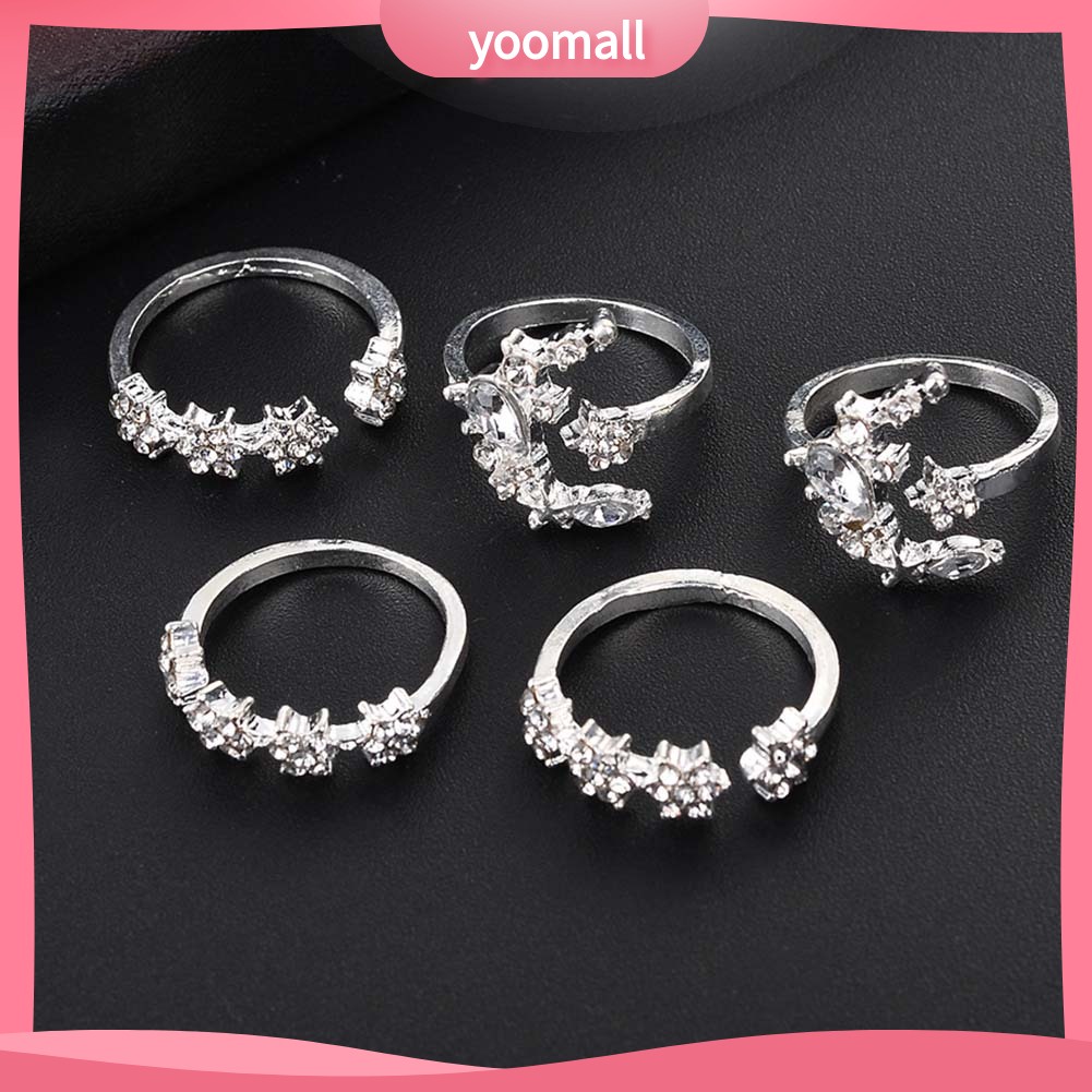 Bộ 5 Nhẫn Thời Trang Đính Đá Hình Trăng Sao Cho Nữ