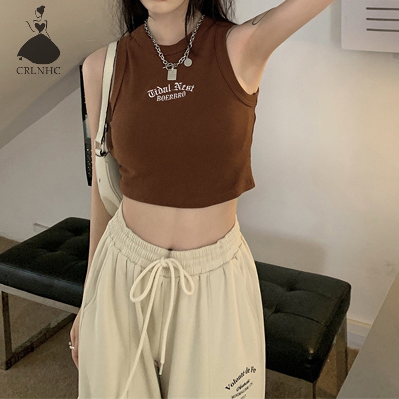 Áo croptop CRLNHC không tay cổ tròn thêu chữ thời trang mùa hè cho nữ