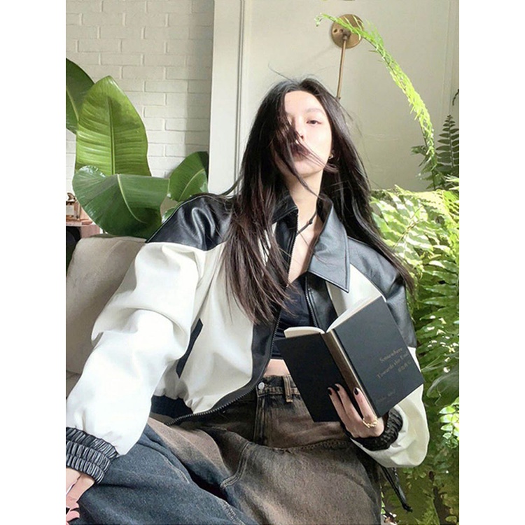 Áo Khoác Da Tay Dài Dáng Rộng Phối Màu Tương Phản Phong Cách Retro Dành Cho Nữ