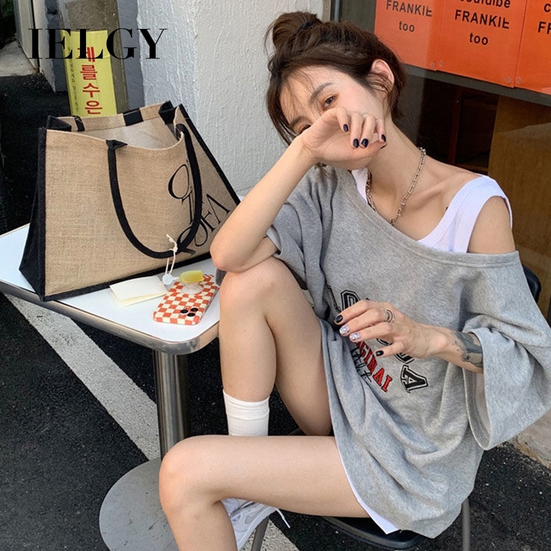 Áo thun IELGY tay ngắn dáng rộng hở vai phong cách Hàn Quốc thời trang cho nữ