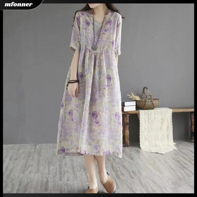 Đầm Midi Tay Ngắn Eo Cao In Họa Tiết Hoa Phong Cách Dân Tộc Cổ Điển Thời Trang Mùa Hè Cho Nữ