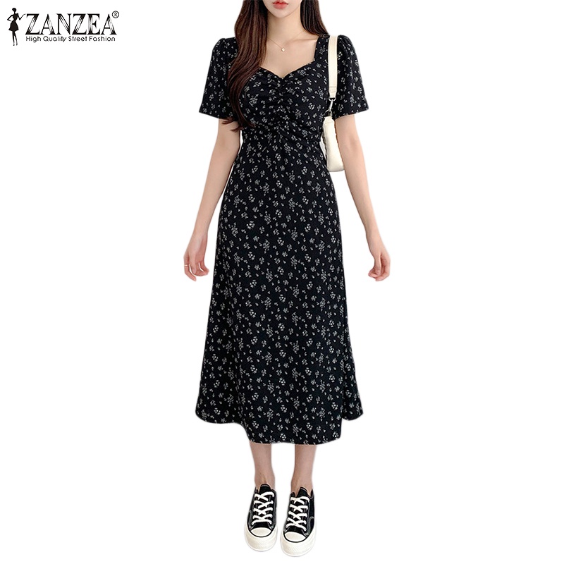 Zanzea Đầm Nữ Tay Ngắn Họa Tiết Hoa Phong Cách Hàn Quốc