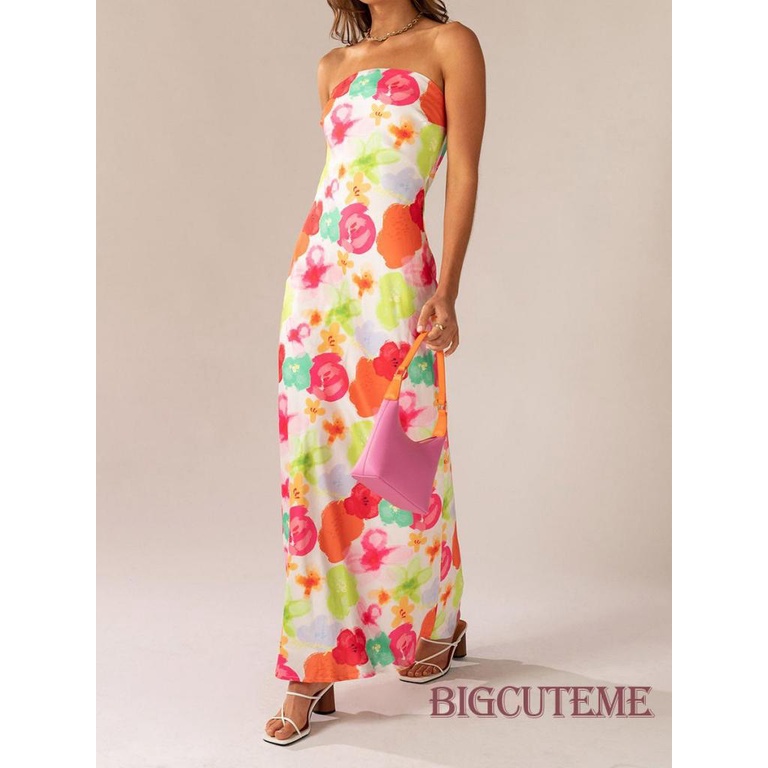 Đầm Dài Không Tay Cổ Thuyền In Hoa Hở Lưng Cột Dây Thời Trang Mùa Hè Cho Nữ