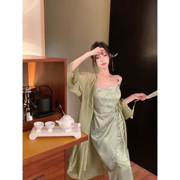 「Nonfatgirl」Đầm Satin Hai Dây + Áo Khoác Cardigan Dài Tay Chống Nắng Phong Cách Trung Hoa