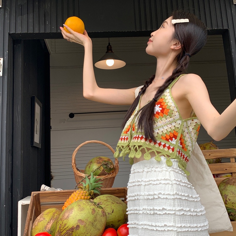 Áo Croptop Dệt Kim Cổ Chữ V Phối Tua Rua Màu Sắc Tương Phản Thời Trang Mùa Hè Cho Nữ