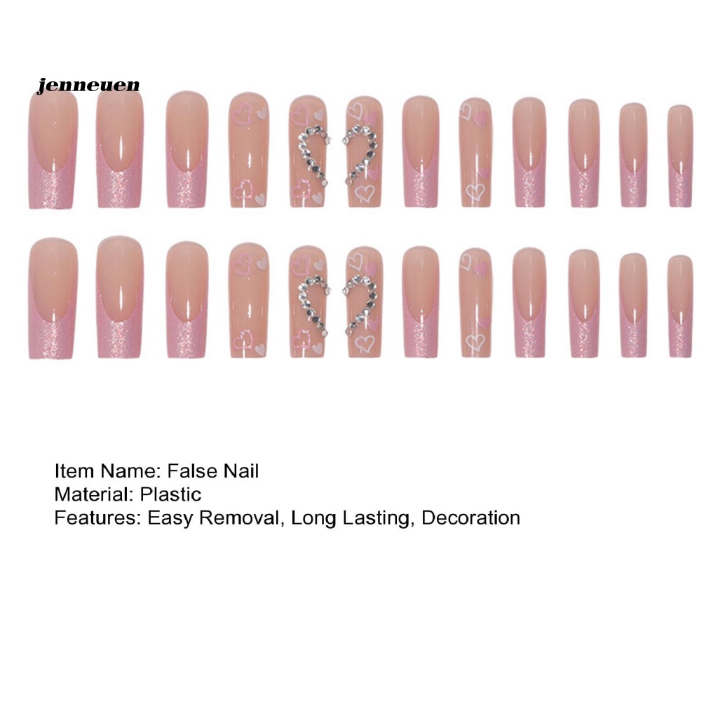 1 Bộ Móng Tay Giả Dạng Nhấn Đính Kim Cương Trái Tim Không Phai Màu