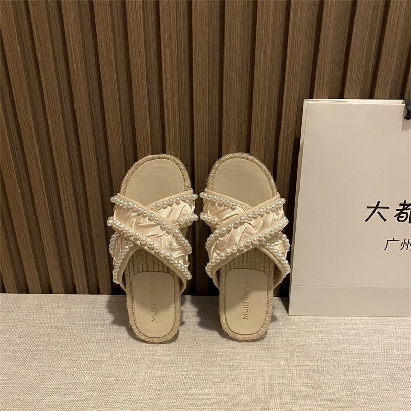 Dép Cói Đế Bằng Quai Chéo Đính Ngọc Trai Thời Trang Dành Cho Nữ