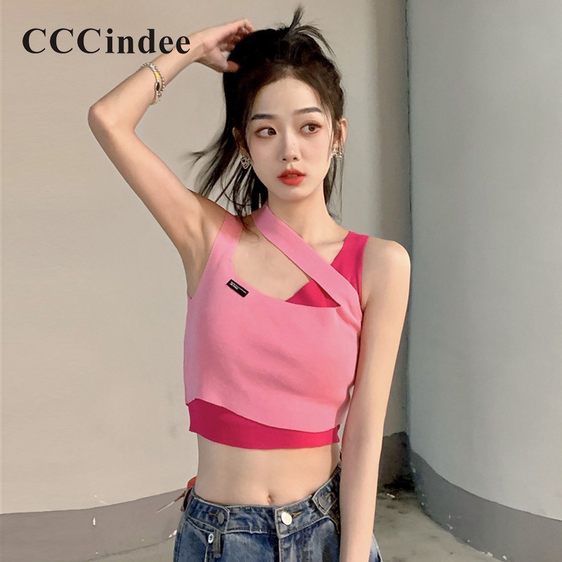 Cccindee Áo Tank Top Hai Dây Dáng Ôm Màu Tương Phản Thời Trang Mới 2023 Dành Cho Bạn Nữ