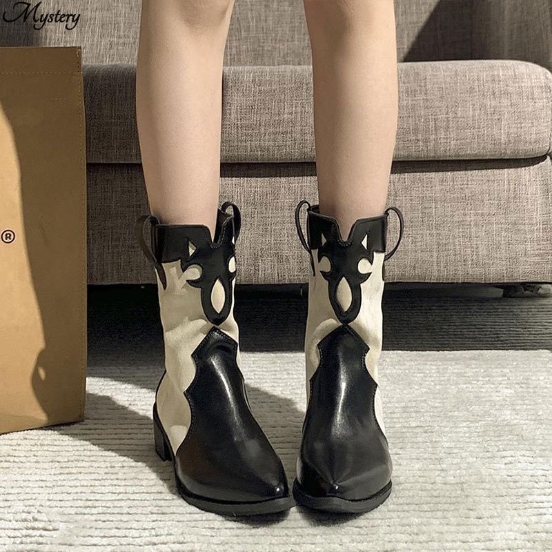 Giày Bốt Cao Bồi Mũi Nhọn Màu Đen Phong Cách vintage Phương Tây Cho Nữ