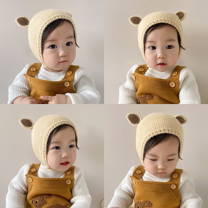 Mũ Beanie Dệt Kim Màu Trơn Đính Tai Thỏ Hoạt Hình Giữ Ấm Mùa Thu Đông Cho Bé Sơ Sinh