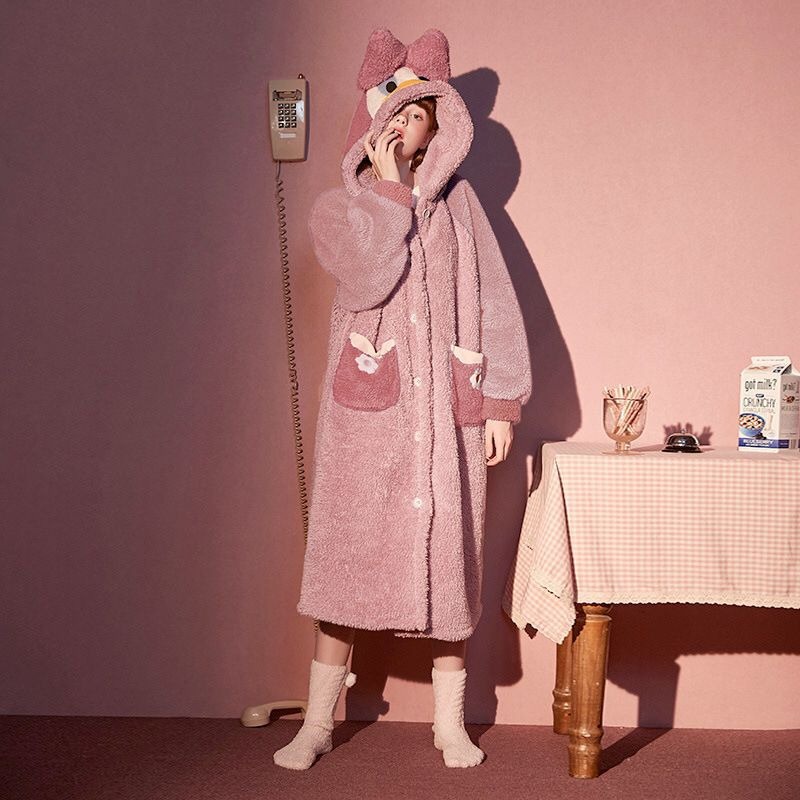 Áo Choàng Ngủ Bằng Vải Lông Cừu San Hô Hình Vịt Donald / Gấu Cinnamon / Dâu Tây Có Thể Mặc Ở Ngoà