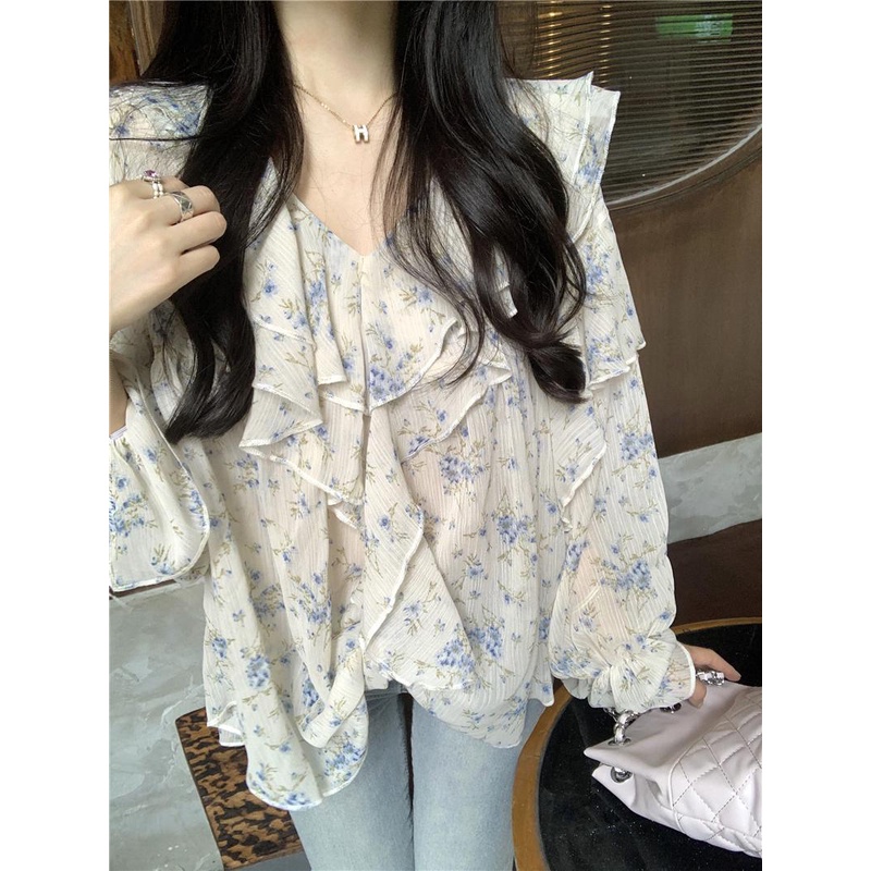 Phụ nữ plus size double-layer collar v-cổ hoa voan chống nắng áo sơ mi mùa hè phong cách pháp thời trang màu rắn tối giản dài tay áo