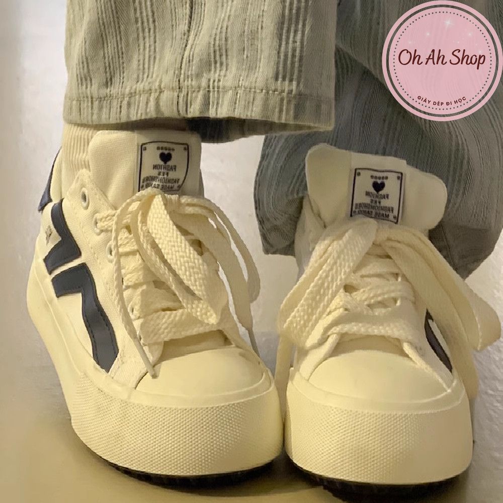 🍓  Giày Nữ Đi Học Giày Vải Canvas Màu Trắng Kẻ Navy Loại 1  Ohahshopgiaydep